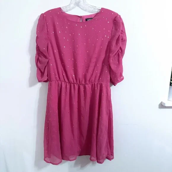 Allegra K Pink and Gold Stars Dress Size Medium | Princess Ruched Sleeves Barbie - Picture 5 of 14